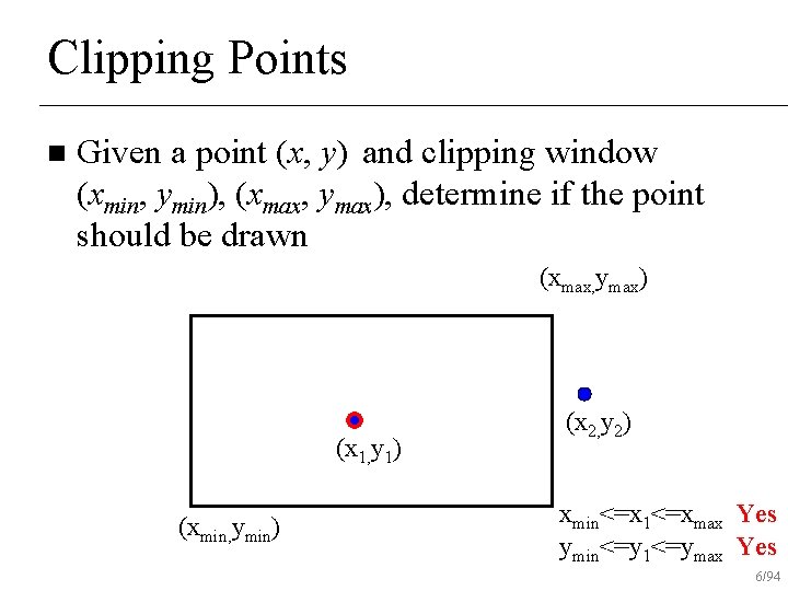 Clipping Points n Given a point (x, y) and clipping window (xmin, ymin), (xmax,