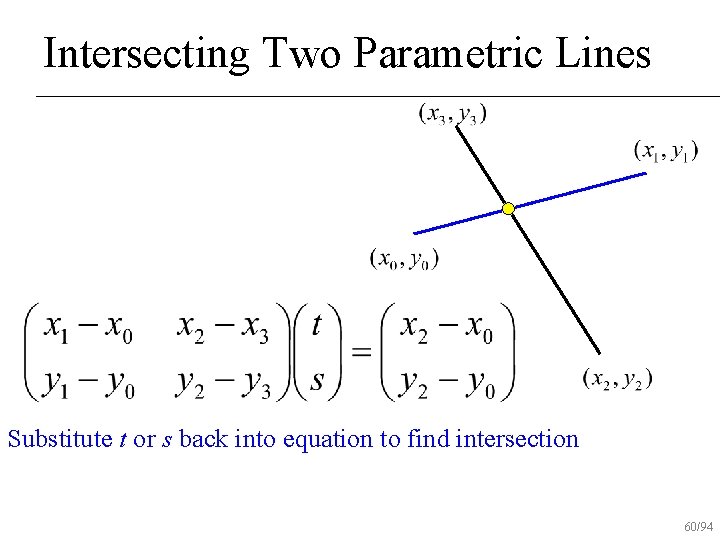 Intersecting Two Parametric Lines Substitute t or s back into equation to find intersection