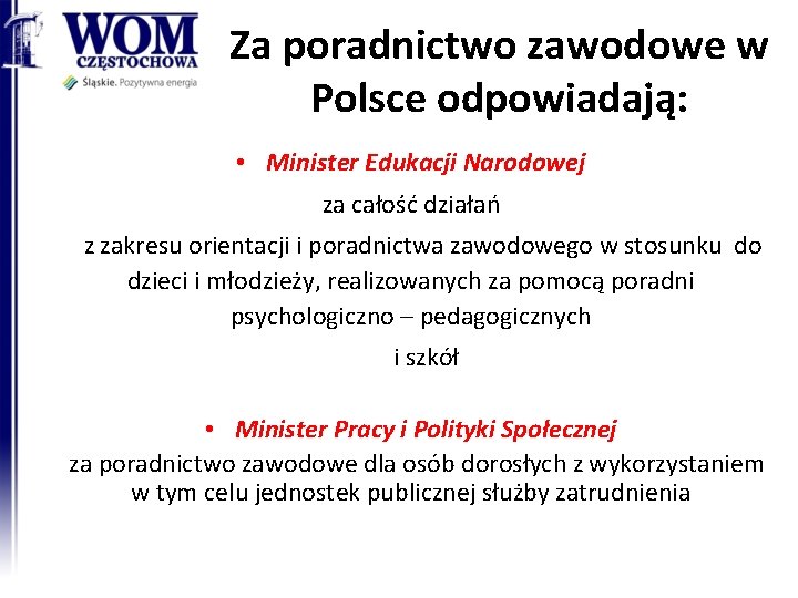 Za poradnictwo zawodowe w Polsce odpowiadają: • Minister Edukacji Narodowej za całość działań z