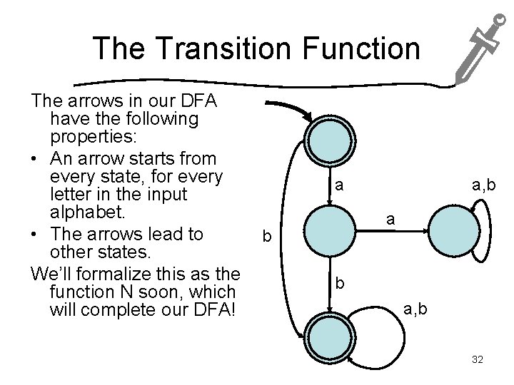 The Transition Function The arrows in our DFA have the following properties: • An