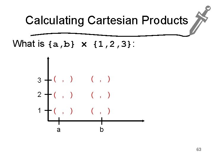 Calculating Cartesian Products What is {a, b} {1, 2, 3}: 3 ( , )