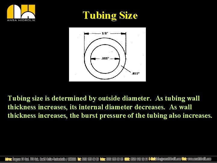 Tubing Size Tubing size is determined by outside diameter. As tubing wall thickness increases,