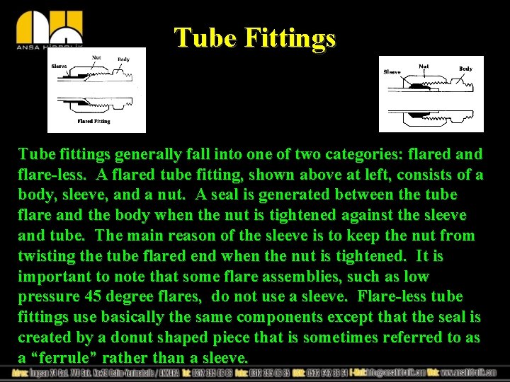 Tube Fittings Tube fittings generally fall into one of two categories: flared and flare-less.