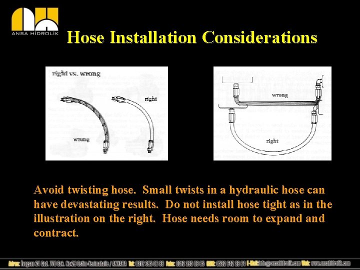 Hose Installation Considerations Avoid twisting hose. Small twists in a hydraulic hose can have