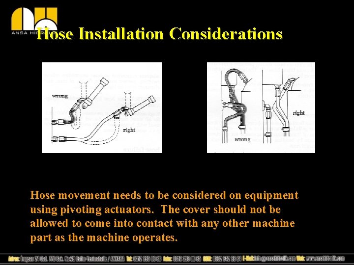 Hose Installation Considerations Hose movement needs to be considered on equipment using pivoting actuators.
