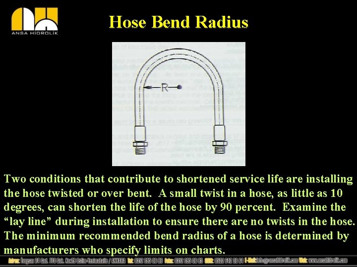 Hose Bend Radius Two conditions that contribute to shortened service life are installing the