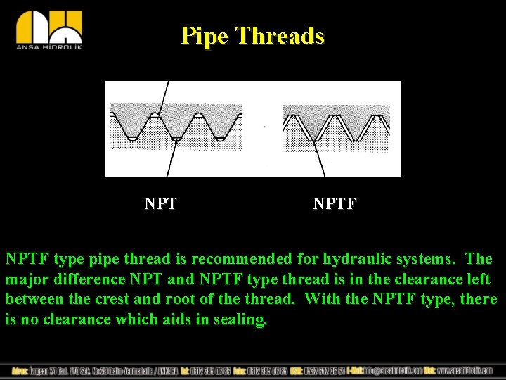 Pipe Threads NPTF type pipe thread is recommended for hydraulic systems. The major difference