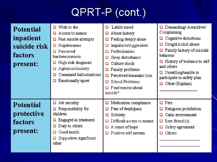 QPRT-P (cont. ) Potential inpatient suicide risk factors present: q Wish to die q