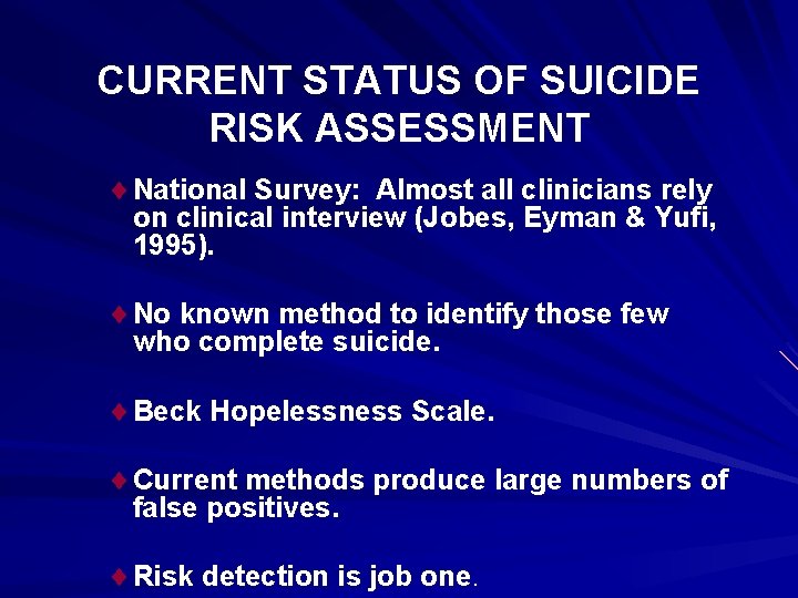 CURRENT STATUS OF SUICIDE RISK ASSESSMENT ¨ National Survey: Almost all clinicians rely on