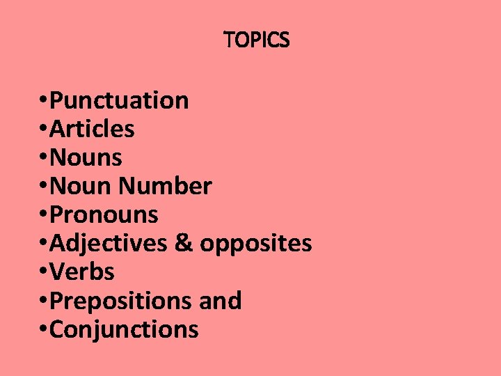 TOPICS • Punctuation • Articles • Noun Number • Pronouns • Adjectives & opposites