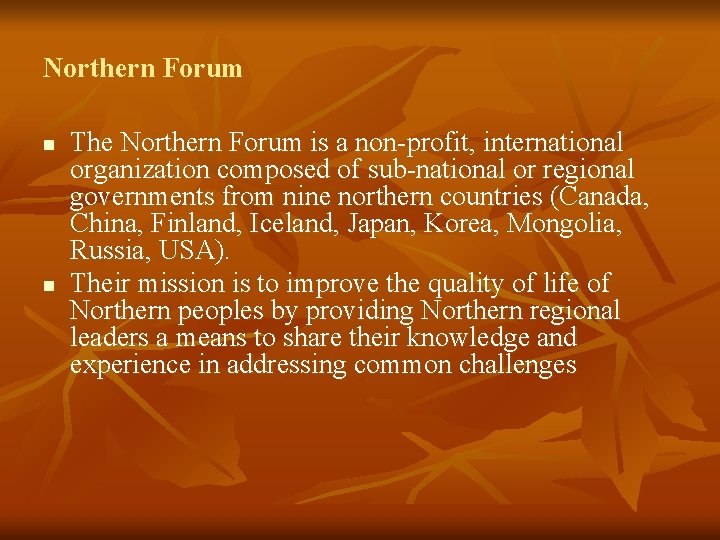 Northern Forum n n The Northern Forum is a non-profit, international organization composed of