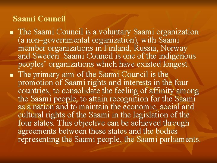 Saami Council n The Saami Council is a voluntary Saami organization (a non–governmental organization),