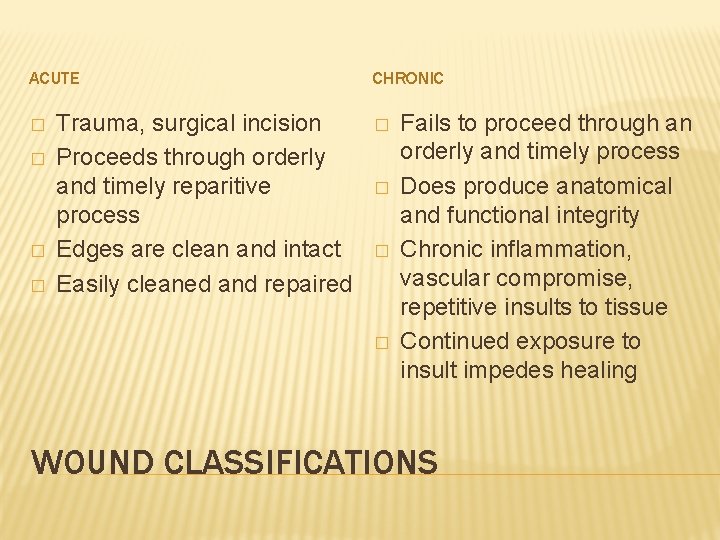 ACUTE � � Trauma, surgical incision Proceeds through orderly and timely reparitive process Edges
