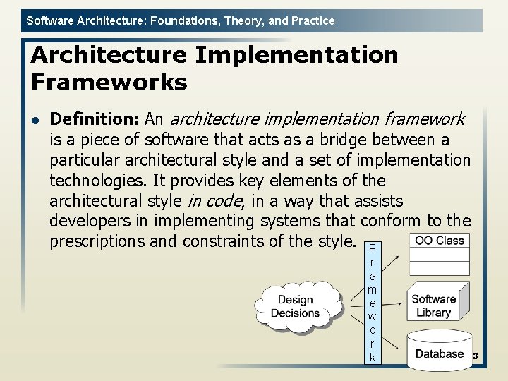 Software Architecture: Foundations, Theory, and Practice Architecture Implementation Frameworks l Definition: An architecture implementation