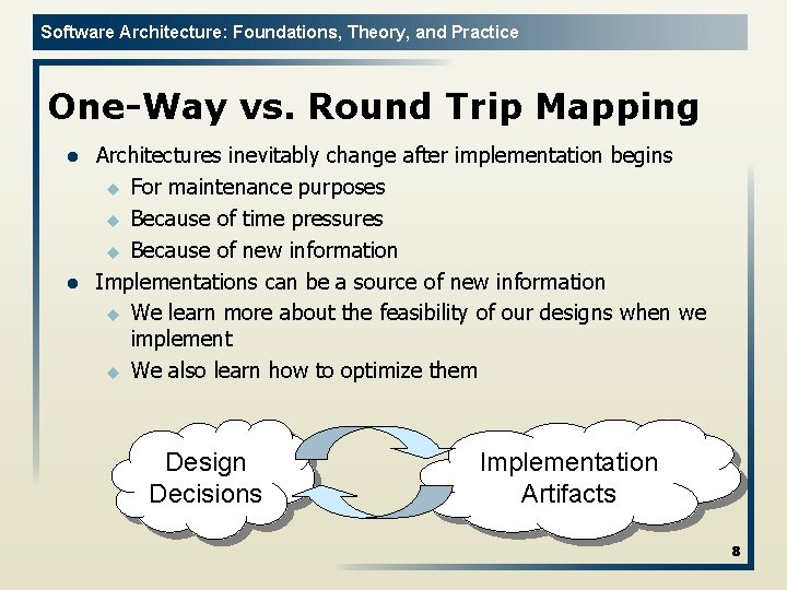 Software Architecture: Foundations, Theory, and Practice One-Way vs. Round Trip Mapping l l Architectures