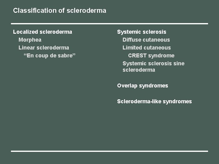Classification of scleroderma Localized scleroderma Morphea Linear scleroderma “En coup de sabre” Systemic sclerosis