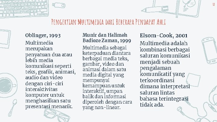 12 Pengertian Multimedia dari Beberapa Pendapat Ahli Oblinger, 1993 Multimedia merupakan penyatuan dua atau