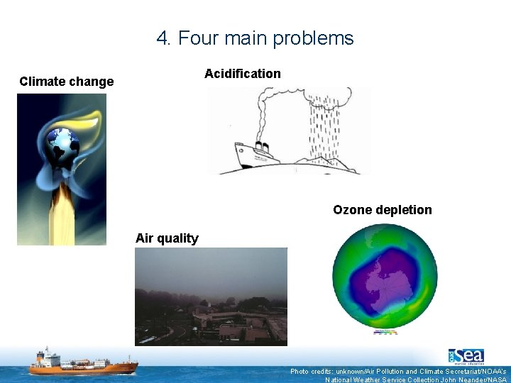 4. Four main problems Acidification Climate change Ozone depletion Air quality Photo credits: unknown/Air