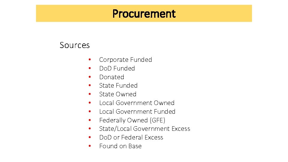 Procurement Sources • • • Corporate Funded Do. D Funded Donated State Funded State Procurement Sources • • • Corporate Funded Do. D Funded Donated State Funded State