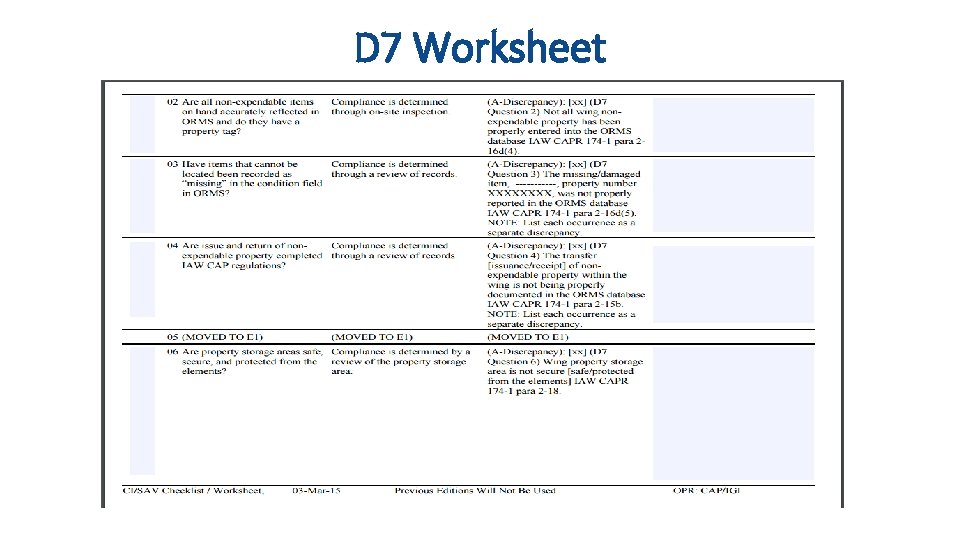 D 7 Worksheet D 7 Worksheet