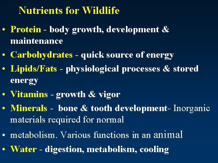 Nutrients for Wildlife • Protein - body growth, development & maintenance • Carbohydrates -