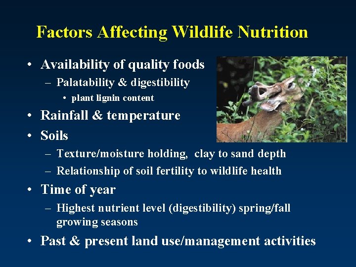 Factors Affecting Wildlife Nutrition • Availability of quality foods – Palatability & digestibility •