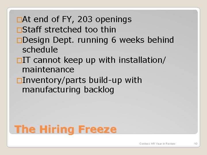 �At end of FY, 203 openings �Staff stretched too thin �Design Dept. running 6