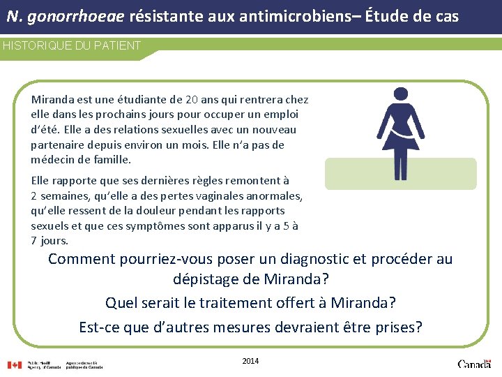 N. gonorrhoeae résistante aux antimicrobiens– Étude de cas HISTORIQUE DU PATIENT Miranda est une