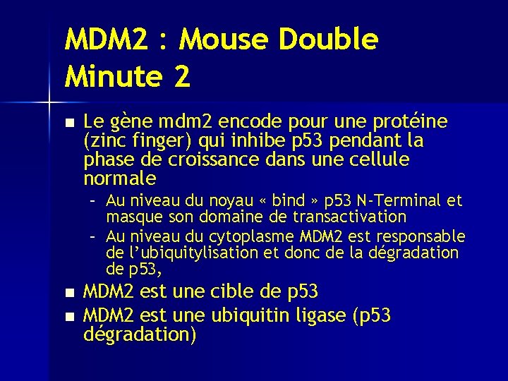 MDM 2 : Mouse Double Minute 2 n Le gène mdm 2 encode pour