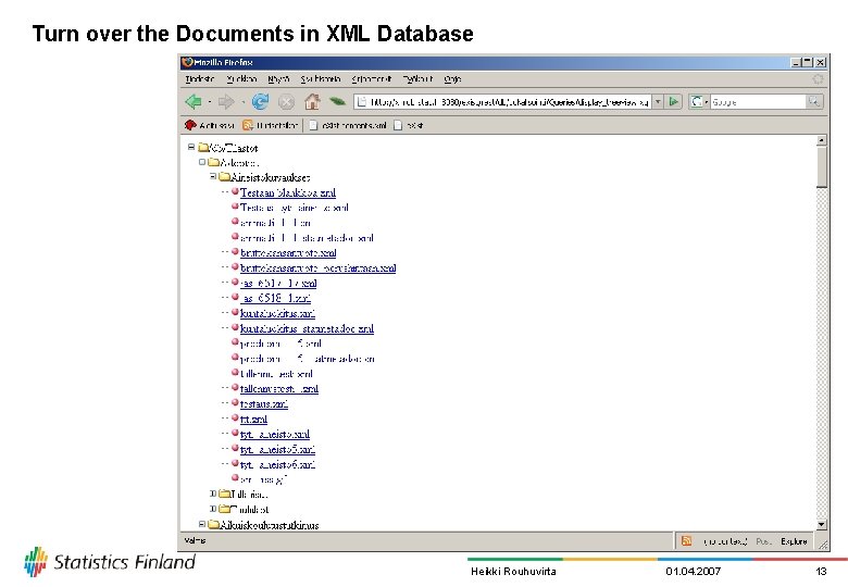 Turn over the Documents in XML Database Heikki Rouhuvirta 01. 04. 2007 13 