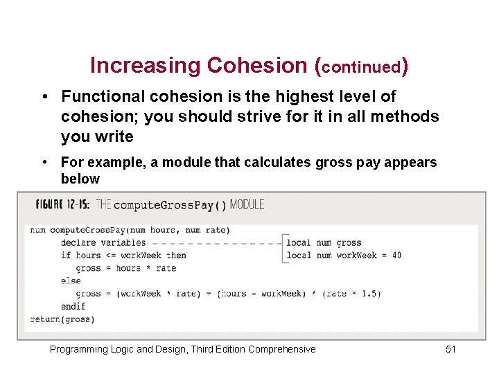 Increasing Cohesion (continued) • Functional cohesion is the highest level of cohesion; you should