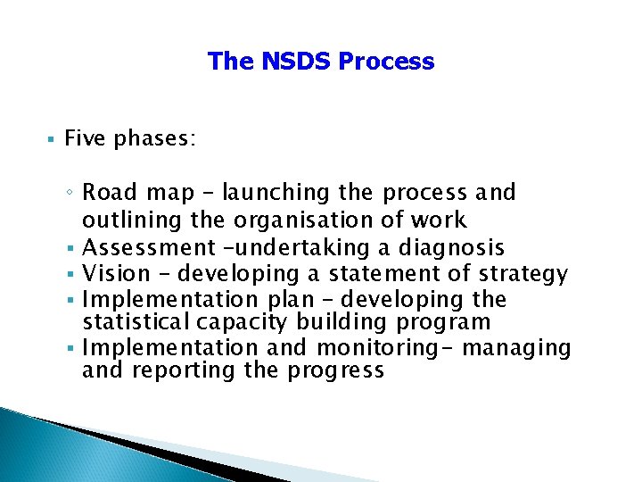 The NSDS Process § Five phases: ◦ Road map – launching the process and