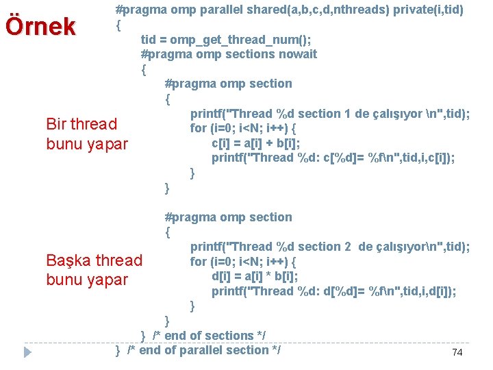 #pragma omp parallel shared(a, b, c, d, nthreads) private(i, tid) { tid = omp_get_thread_num();