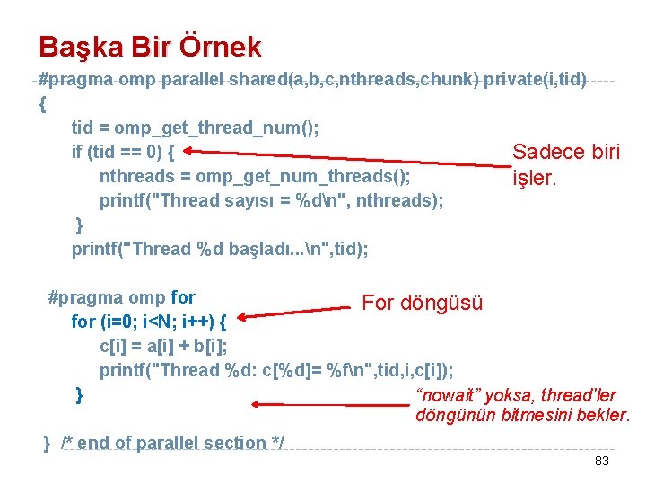 Başka Bir Örnek #pragma omp parallel shared(a, b, c, nthreads, chunk) private(i, tid) {