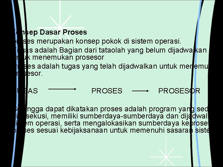 1. Konsep Dasar Proses proses merupakan konsep pokok di sistem operasi. Tugas adalah Bagian