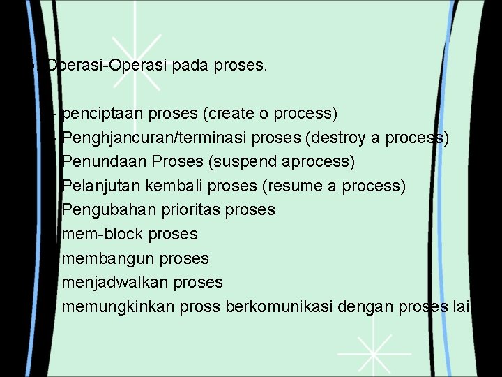 5. Operasi-Operasi pada proses. - penciptaan proses (create o process) - Penghjancuran/terminasi proses (destroy