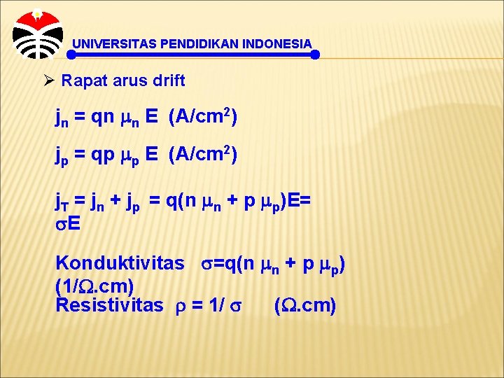 UNIVERSITAS PENDIDIKAN INDONESIA Ø Rapat arus drift jn = qn n E (A/cm 2)