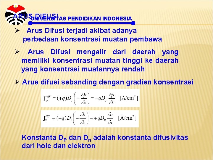 ARUSUNIVERSITAS DIFUSI PENDIDIKAN INDONESIA Ø Arus Difusi terjadi akibat adanya perbedaan konsentrasi muatan pembawa
