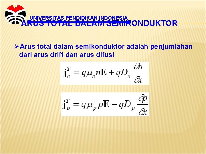 UNIVERSITAS PENDIDIKAN INDONESIA ARUS TOTAL DALAM SEMIKONDUKTOR ØArus total dalam semikonduktor adalah penjumlahan dari