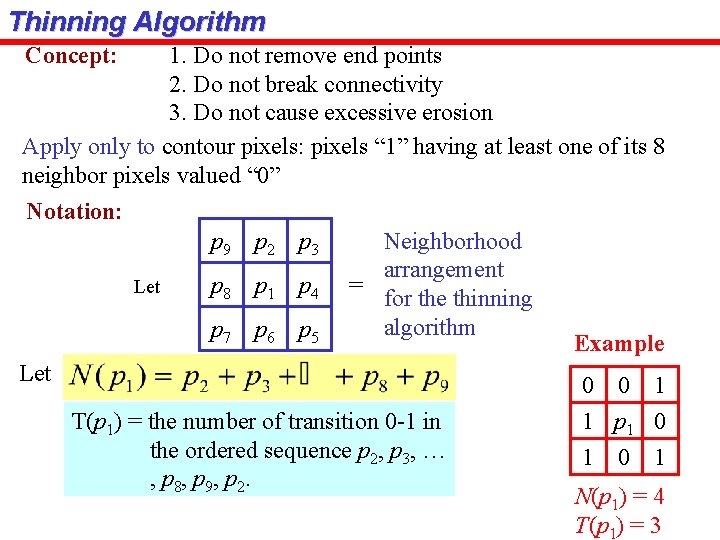 Thinning Algorithm Concept: 1. Do not remove end points 2. Do not break connectivity