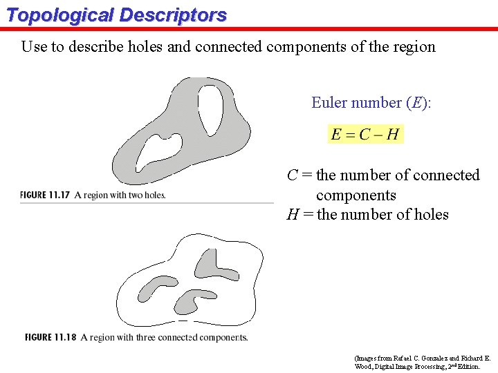 Topological Descriptors Use to describe holes and connected components of the region Euler number