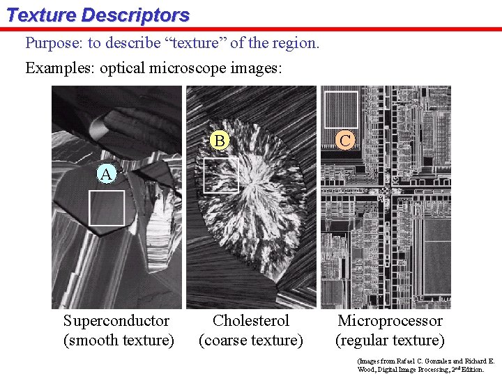 Texture Descriptors Purpose: to describe “texture” of the region. Examples: optical microscope images: B