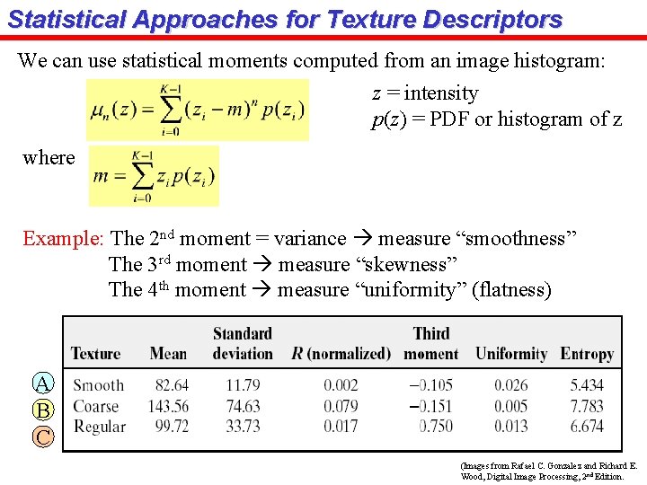 Statistical Approaches for Texture Descriptors We can use statistical moments computed from an image