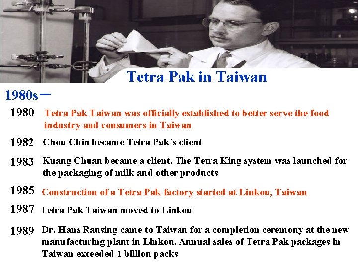 Tetra Pak in Taiwan 1980 s－ 1980 Tetra Pak Taiwan was officially established to