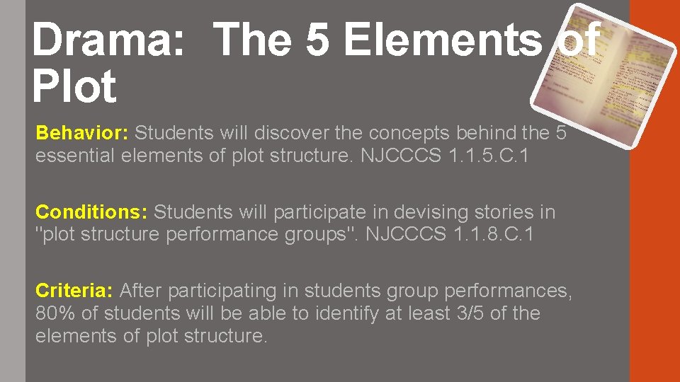 Drama: The 5 Elements of Plot Behavior: Students will discover the concepts behind the
