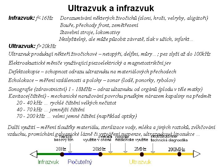 Ultrazvuk a infrazvuk Infrazvuk: f<16 Hz Dorozumívání některých živočichů (sloni, hroši, velryby, aligátoři) Bouře,