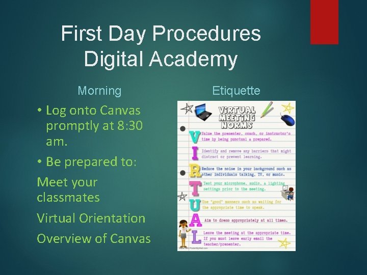 First Day Procedures Digital Academy Morning • Log onto Canvas promptly at 8: 30