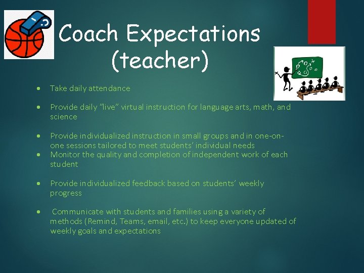 Coach Expectations (teacher) Take daily attendance Provide daily “live” virtual instruction for language arts,
