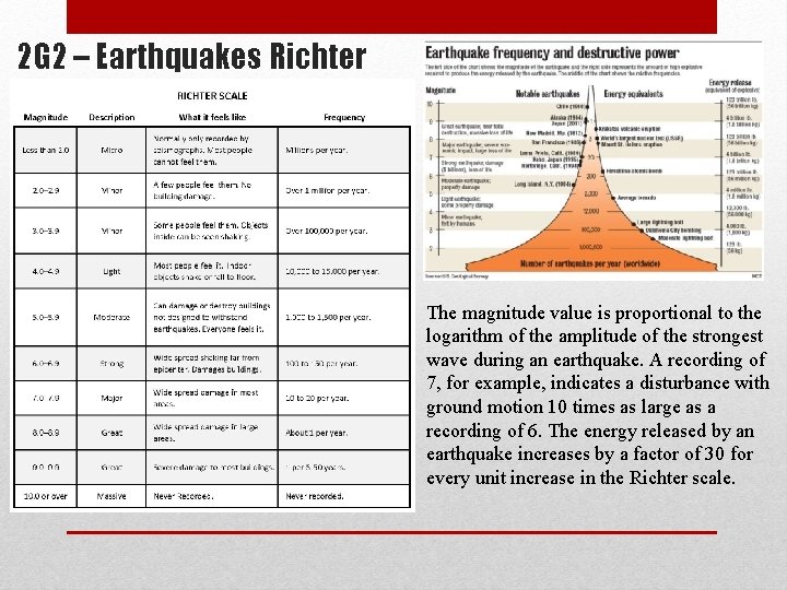 2 G 2 – Earthquakes Richter The magnitude value is proportional to the logarithm