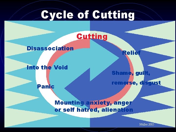 Cycle of Cutting Disassociation Into the Void Panic Relief Shame, guilt, remorse, disgust Mounting Cycle of Cutting Disassociation Into the Void Panic Relief Shame, guilt, remorse, disgust Mounting